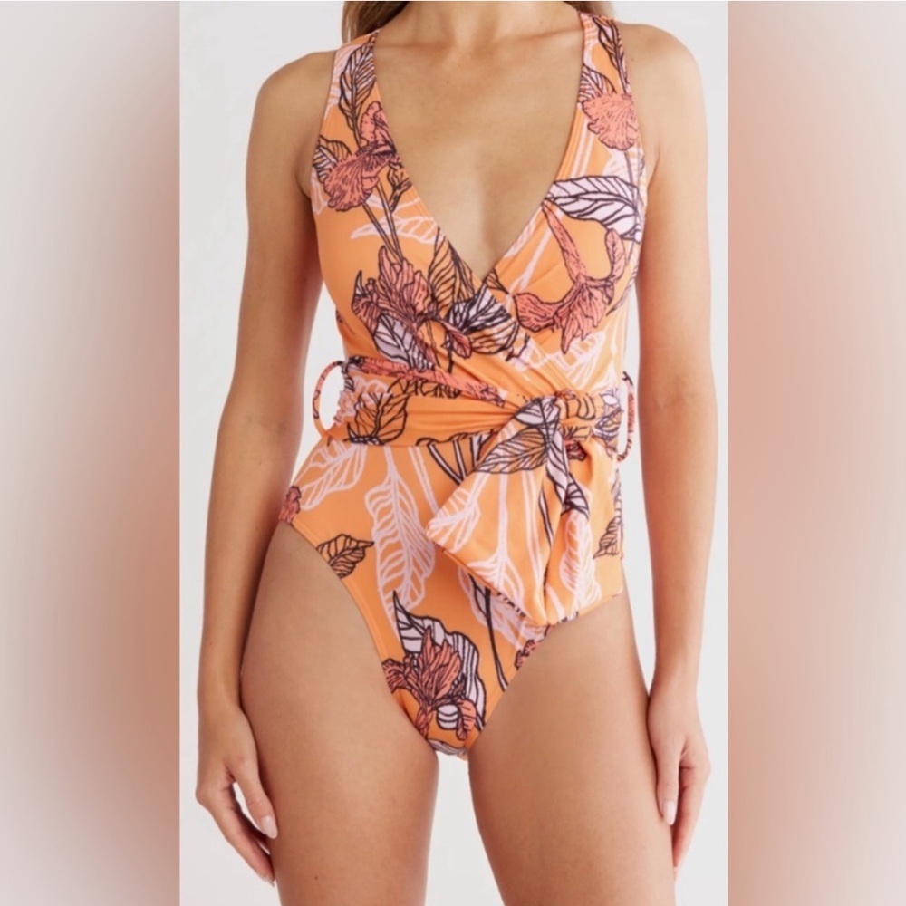 Hutch Wrap One-Piece Swimsuit Orange Floral Medium NWOT